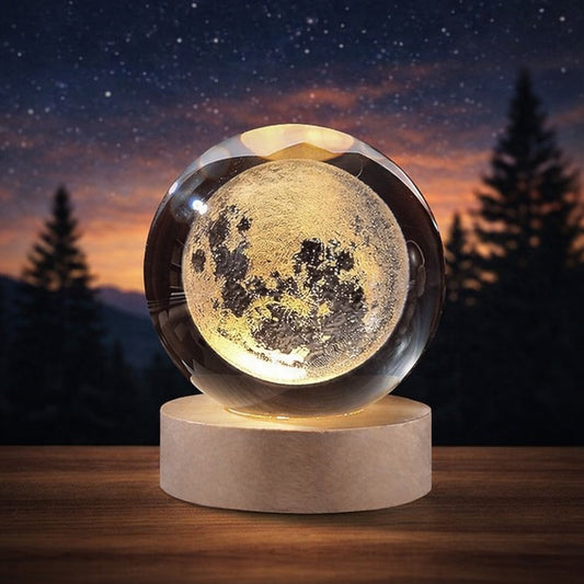3D Crystal Moon Ball LED Night Light with Wooden Base