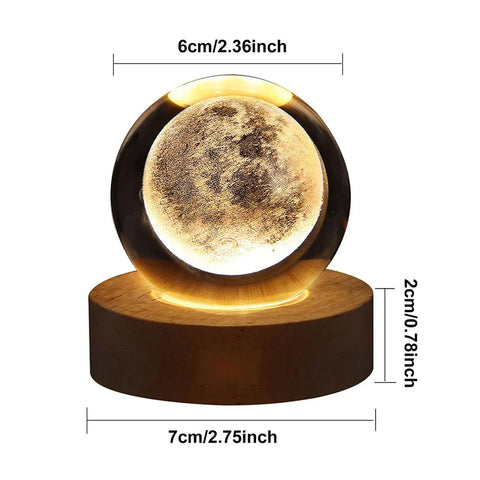 3D Galaxy Crystal Ball Lamp with Wooden LED Base – Decorative Night Light (Only Moon Shape)